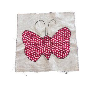 HM Farmhouse Vtg Red Butterfly Embroidered Applique Muslin Pillow Quilt Square